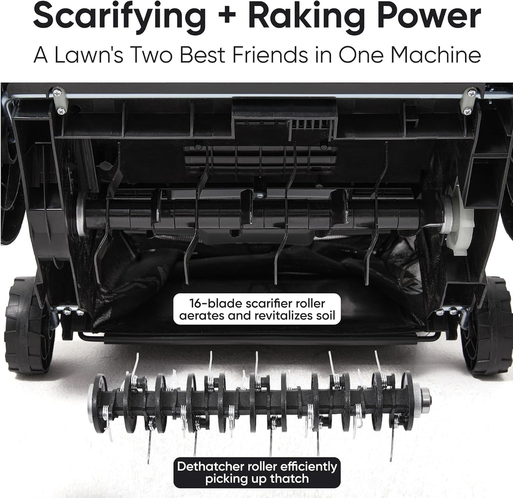 13-Inch 2-in-1 Electric Dethatcher and Scarifier Lawn Dethatcher with 8-Gallon Removable Thatch Collection Bag, 4-Position Depth Adjustment, 12 Amp, Quick-Fold, Keeps Lawn Healthy