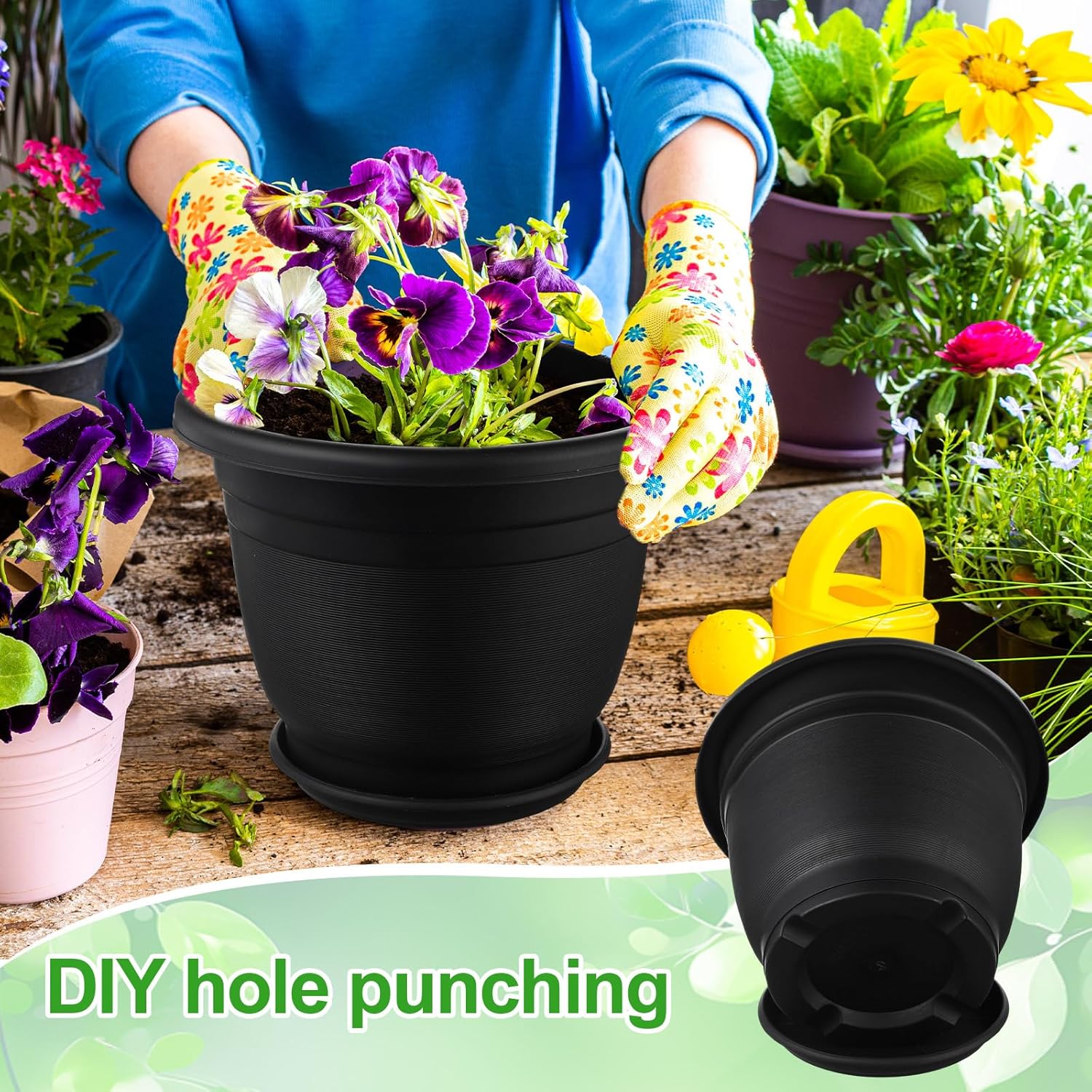 12 Pack Plastic Plant Pots Round Planter Pots with Saucer Tray Seedling Pot Hole Seed Resin Plant Pot Starting Nursery Flower Container with Pallet for Garden Outdoor Indoor (Black,12'')