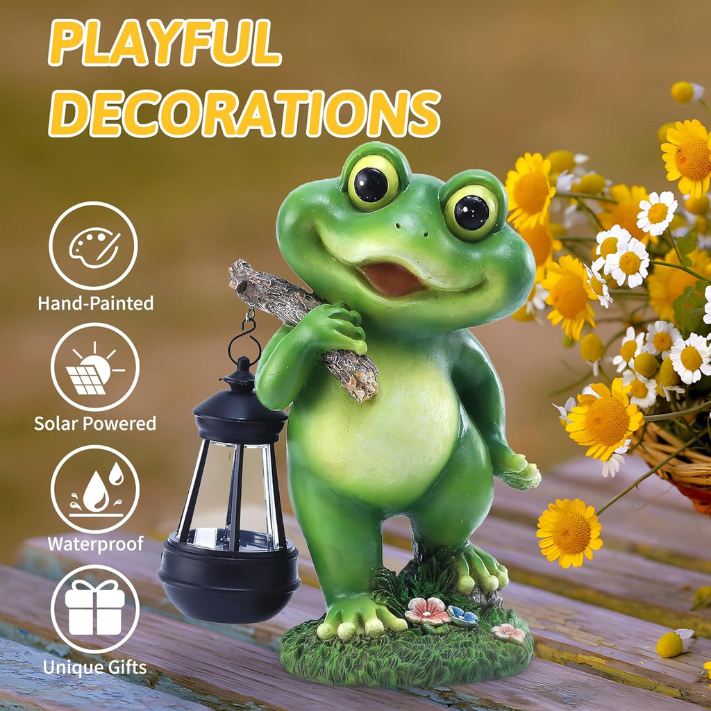 Outdoor Frog Garden Decor: 11'' Yard Decoration with LED Lantern Funny Solar Frog Statue Gifts for Women Mother's Day Housewarming Gift