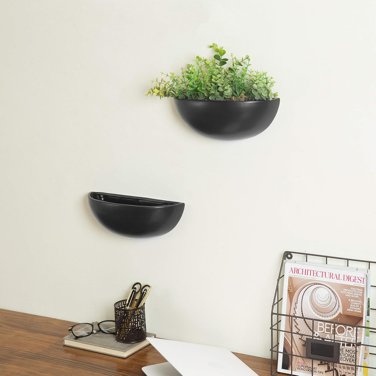 MyGift Matte Black Ceramic Indoor Wall Planter, 12 Inch Semi Circle Hanging Wall Vase, Set of 2