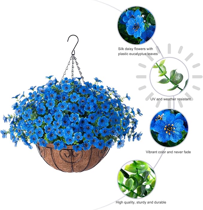 Artificial Fake Hanging Plants Flowers with Basket Outdoor Decor Faux Silk Daisy Flower Arrangements in Pot Planter for Porch Home Indoor Patio Garden Yard Decoration, Blue