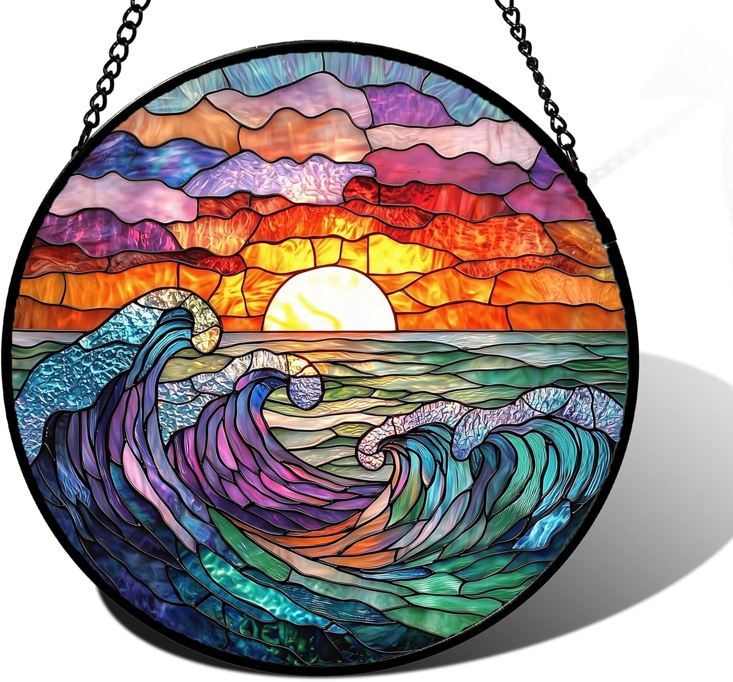 Stained Glass Window Hanging, Clouds and Sea Waves Suncatcher Diamond Glass Panel Hangings Scenery Sun Catchers Decor for Birthday for Women, Men, Wife, Aunt, and Mom 7.8 in