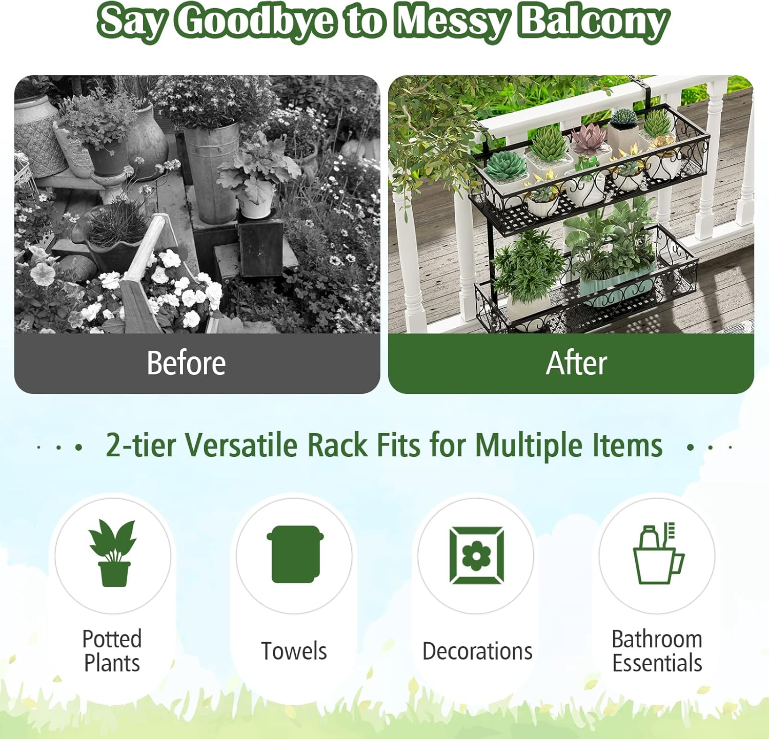 LDAILY 2-Tier Hanging Flower Rack, Hanging Flower Pot Holder w/Adjustable Hooks, Railing Basket Shelf Metal Potted Plant Container for Balcony, Porch & Fence, Easy Assembly, Black