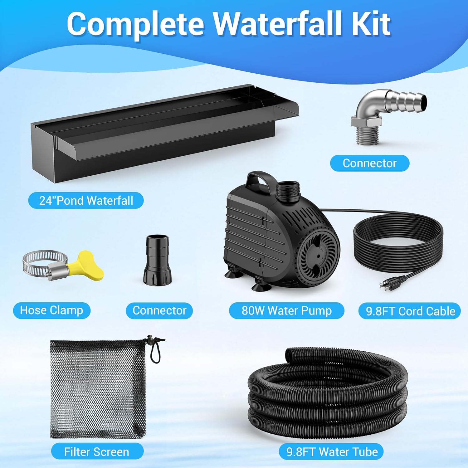 NFESOLAR Pond Waterfall Spillway Kit, Includes 23.6" W Stainless Pond Waterfall Box, 1200 GPH Water Pump, 10FT Corrugated Tubing for Outdoor Ponds Pool Streams up to 3000 Gallons N4611