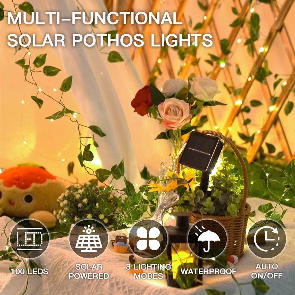 suddus Solar Fairy Lights, 33ft 100 Led Pothos Leaf Solar String Lights Outdoor Waterproof, 8 Modes Vines with Lights for Balcony, Deck, Patio, Garden, Fence,Wedding (Warm White)