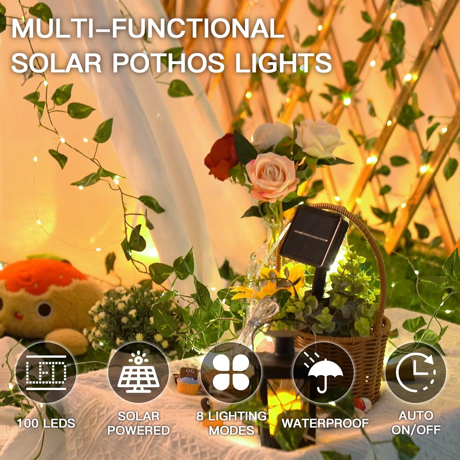 suddus Solar Fairy Lights, 33ft 100 Led Pothos Leaf Solar String Lights Outdoor Waterproof, 8 Modes Vines with Lights for Balcony, Deck, Patio, Garden, Fence,Wedding (Warm White)