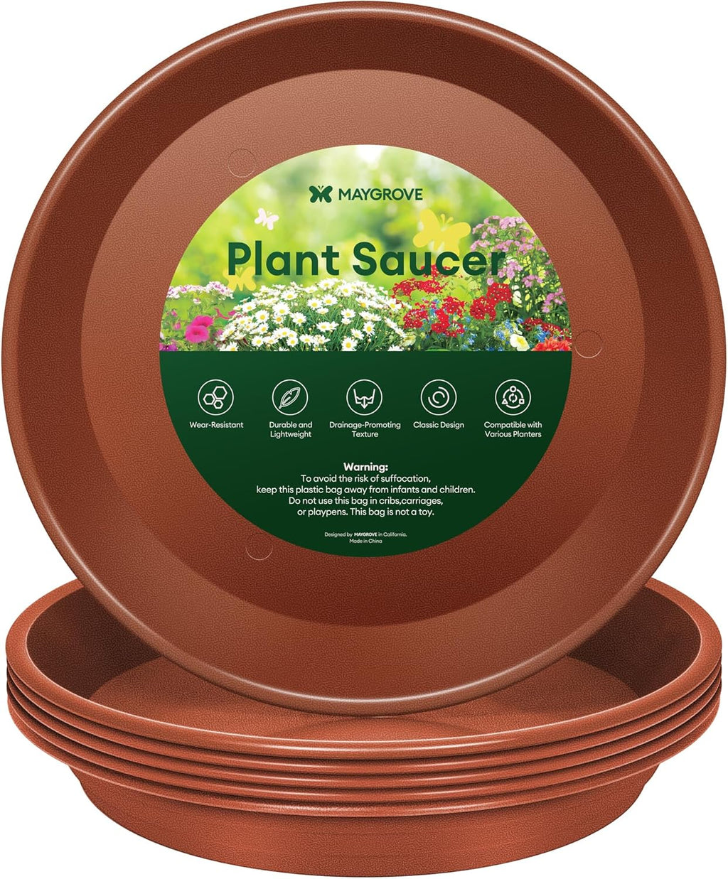 6 Pack Plant Saucer, 8 10 12 inch Plant Saucers for Indoor, Heavy Duty Plastic Plant Trays for pots, Grow Bags, Bird Baths, Flower Drip Trays for Indoor and Outdoor Uses (8", Brown)