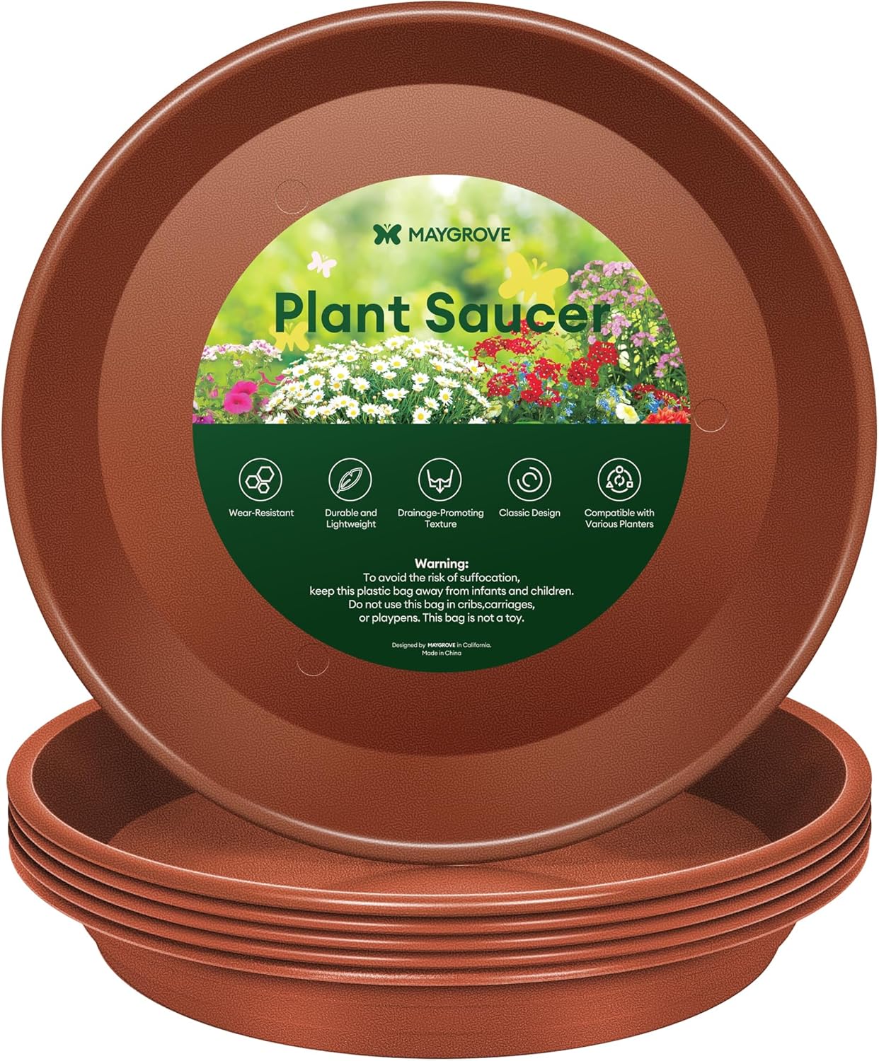 6 Pack Plant Saucer, 8 10 12 inch Plant Saucers for Indoor, Heavy Duty Plastic Plant Trays for pots, Grow Bags, Bird Baths, Flower Drip Trays for Indoor and Outdoor Uses (8", Brown)
