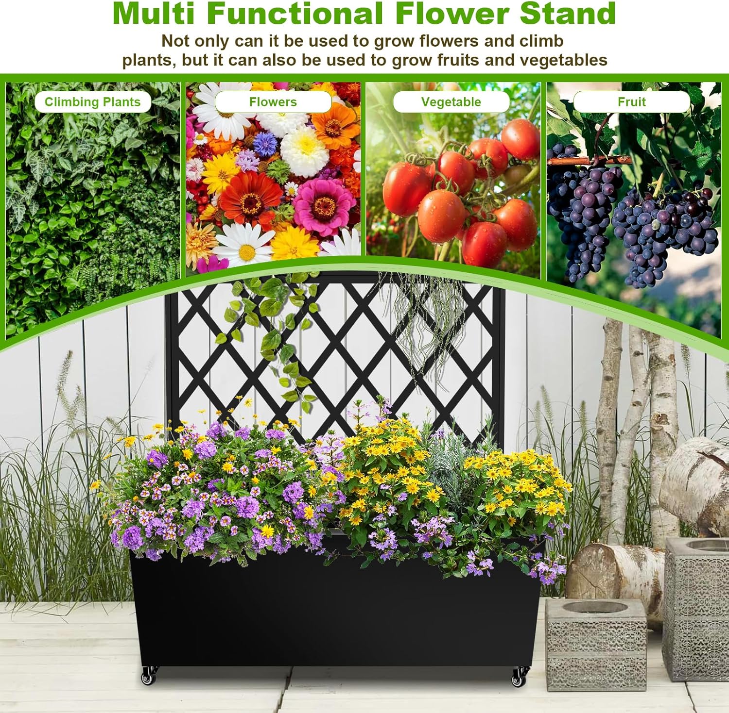 Metal Planter Box with Trellis, 72"x35"x16" Metal Raised Garden Bed with Trellis, Trellis Planter Box with Drainage Holes & Lockable Casters for Climbing Plants, Vegetables, and Vines