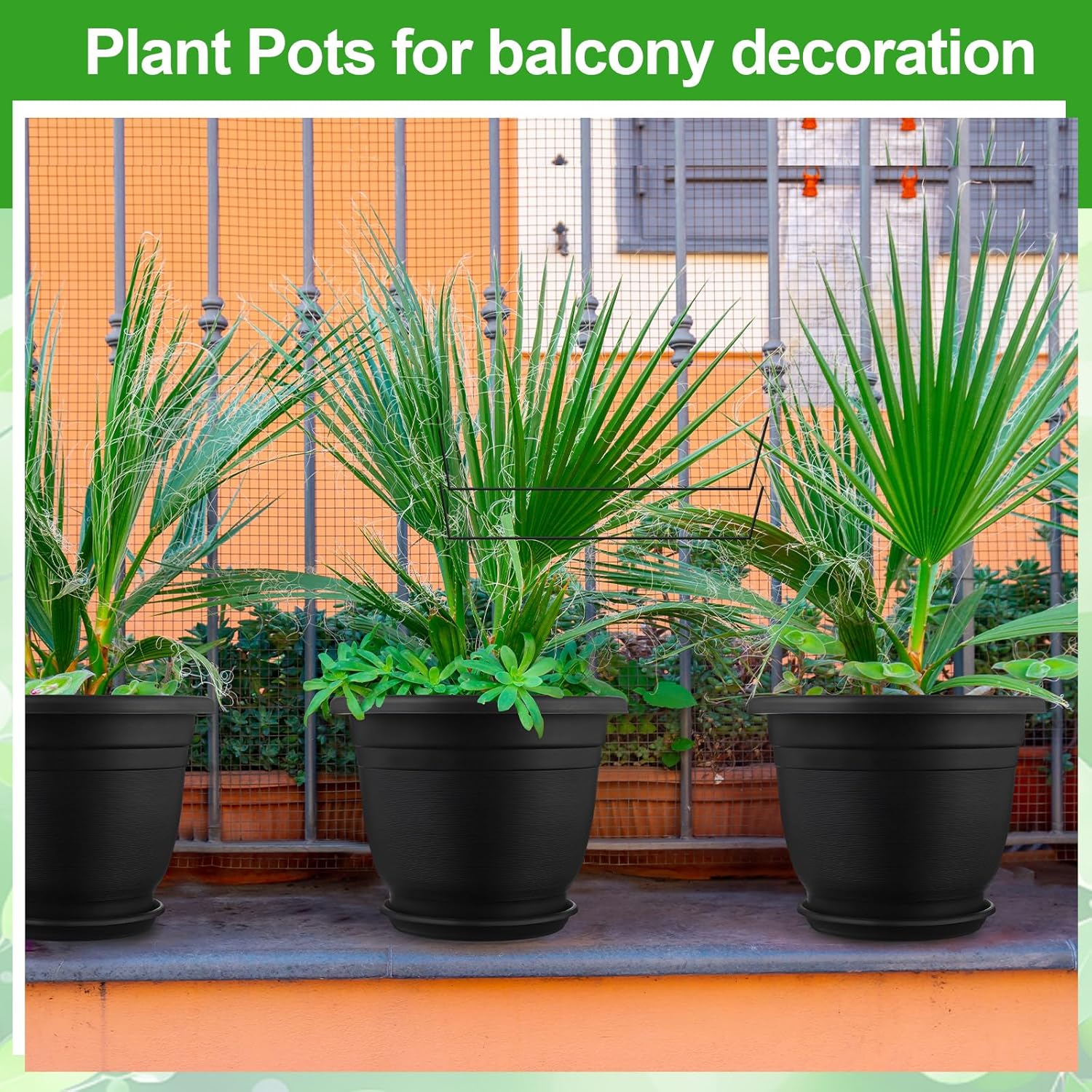 12 Pack 8+'' Plastic Plant Pots Round Planter Pots with Saucer Tray Seedling Pot Hole Seed Resin Plant Pot Starting Nursery Flower Container with Pallet for Garden Outdoor Indoor(Black)