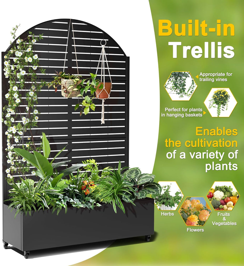 FENCY Metal Raised Garden Bed with Wheels and Trellis,Arched 73"x47"x16" Planter Box for Climbing Plants, Vegetables & Vines, Features Privacy Screen and Drainage Holes (Black-Louvered)