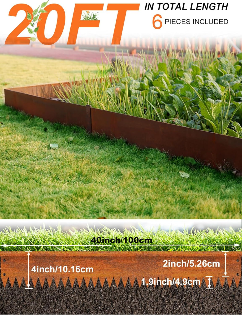 Vinci Landscape Edging Border, 40" L x 4" H 6Pack 20FT Total Rusted Corten Steel Garden Edging with Spikes, Sturdy Elegant Metal Lawn Broder for Flower Beds, Pathways, Paver Edges and Yard