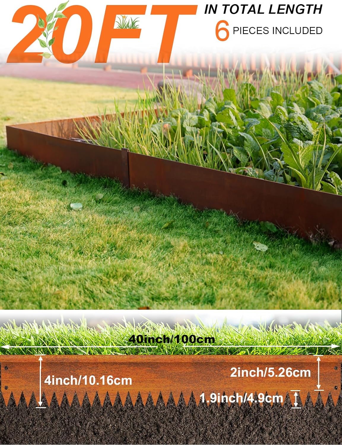 Vinci Landscape Edging Border, 40" L x 4" H 6Pack 20FT Total Rusted Corten Steel Garden Edging with Spikes, Sturdy Elegant Metal Lawn Broder for Flower Beds, Pathways, Paver Edges and Yard