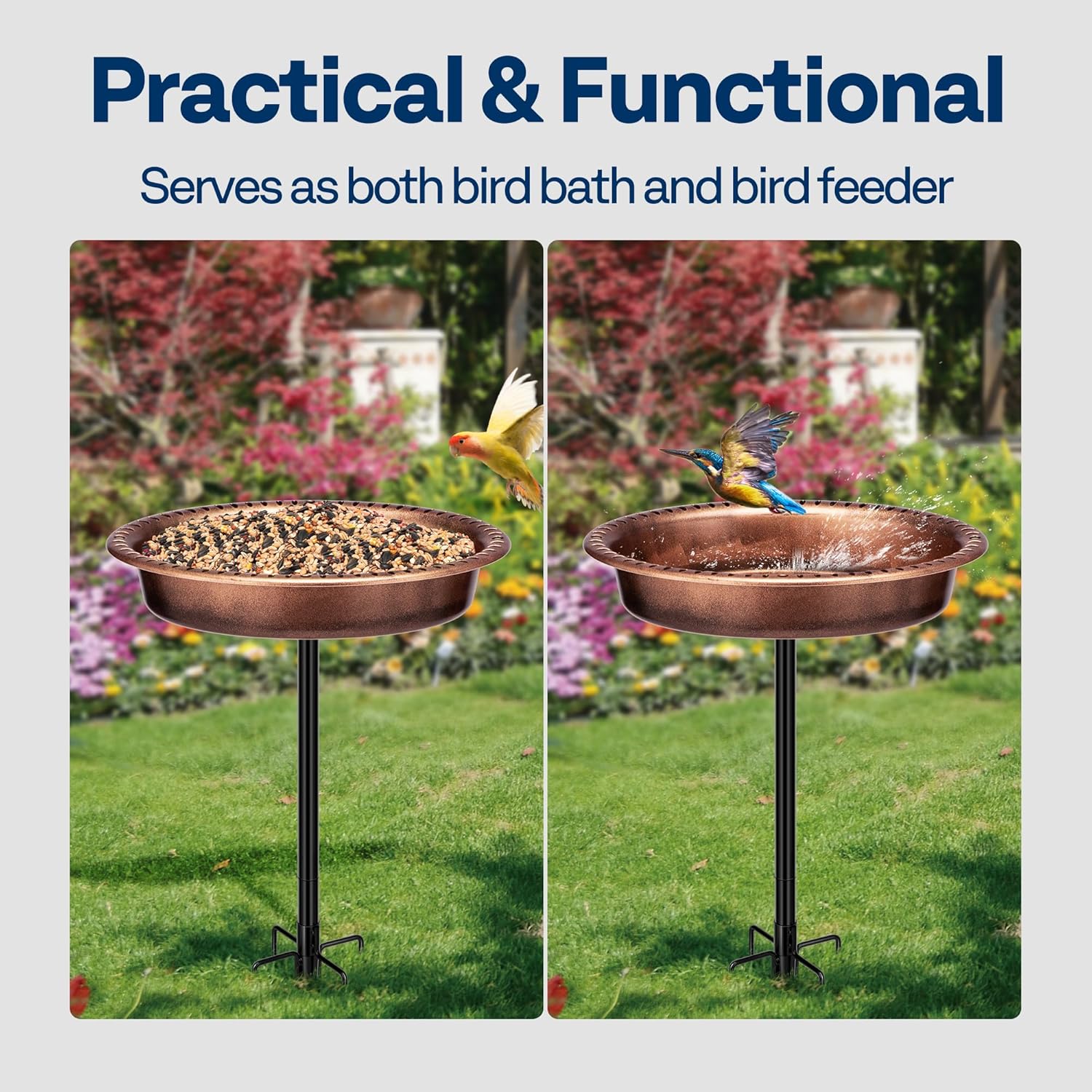 VIVOHOME Oval Polyresin Bird Bath Bowl with Metal Stake, 29 Inch Height Outdoor Freestanding Birdfeeder, Capacity 1.3 Gallons, 5-Pronged Base, Bronze