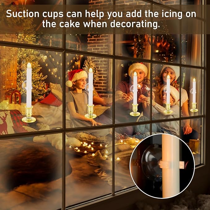 2 Pack Christmas Window Candles with Remote Timer, Flickering Flameless Candles with Candle Holders Suction Cups for Christmas Party Decorations, Gold