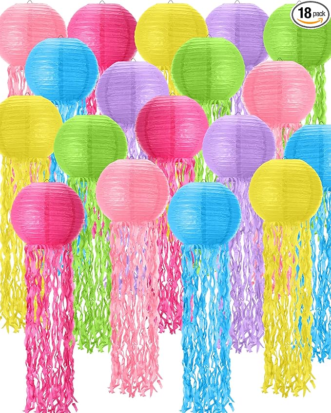 18 Pcs Jellyfish Paper Lanterns Mermaid Birthday Decorations Hanging Lantern Lamps for Ocean Theme Decor Under The Sea Party Supplies
