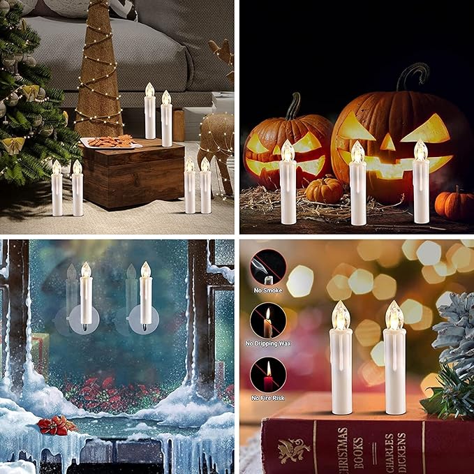 Set of 24 Ivory Flameless Window Candles, 4”H Battery Operated LED Flickering Taper Candles with Remote and Timer, Warm White Candlelight, Ideal for Chandelier/Birthday/Christmas/Party Decor