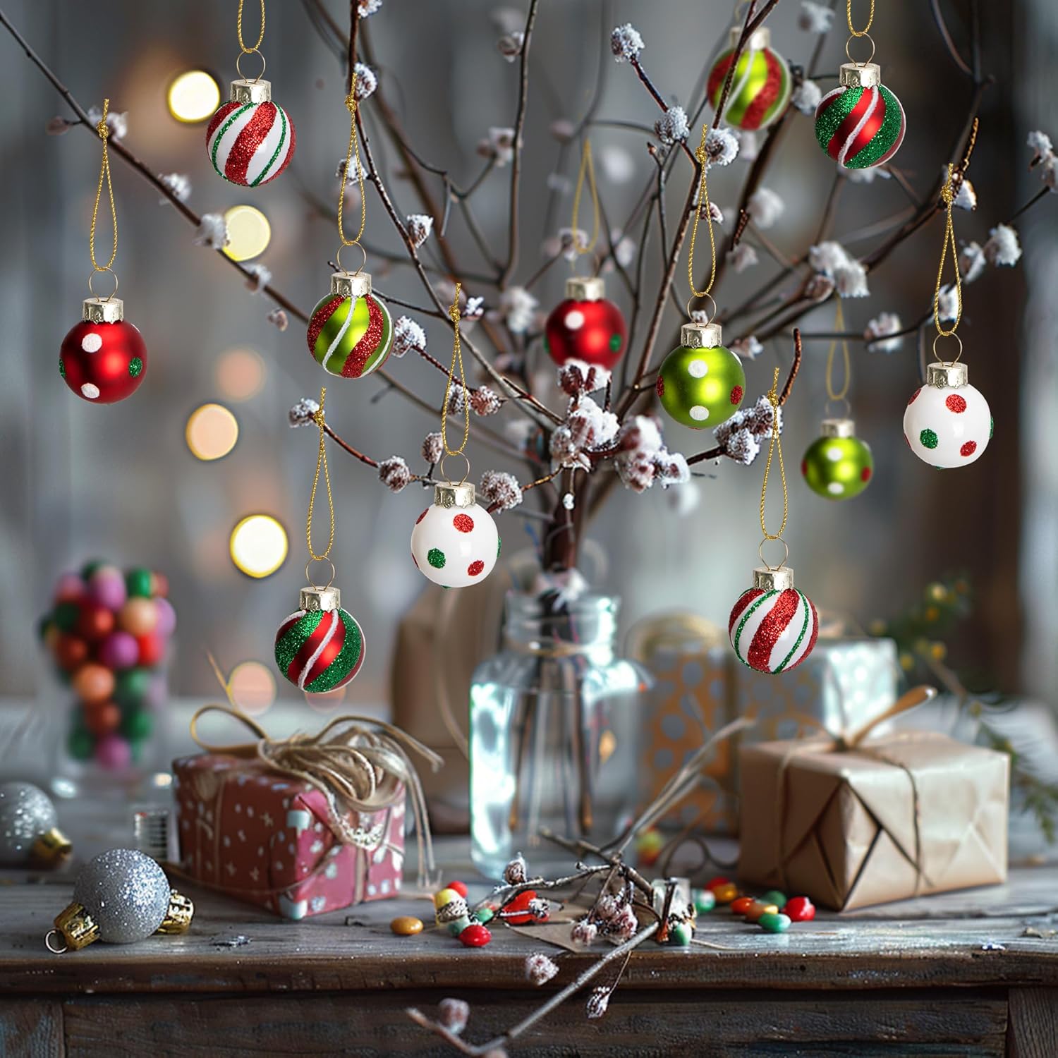 Watayo 24 Pcs Christmas Glittering Elf Balls Glass Ornaments for Tree, 1" Mini Painted Swirl Dots Elf Balls Hanging Ornaments, Christmas Red Green Ball Tree Decoration for Xmas Party Home Decor