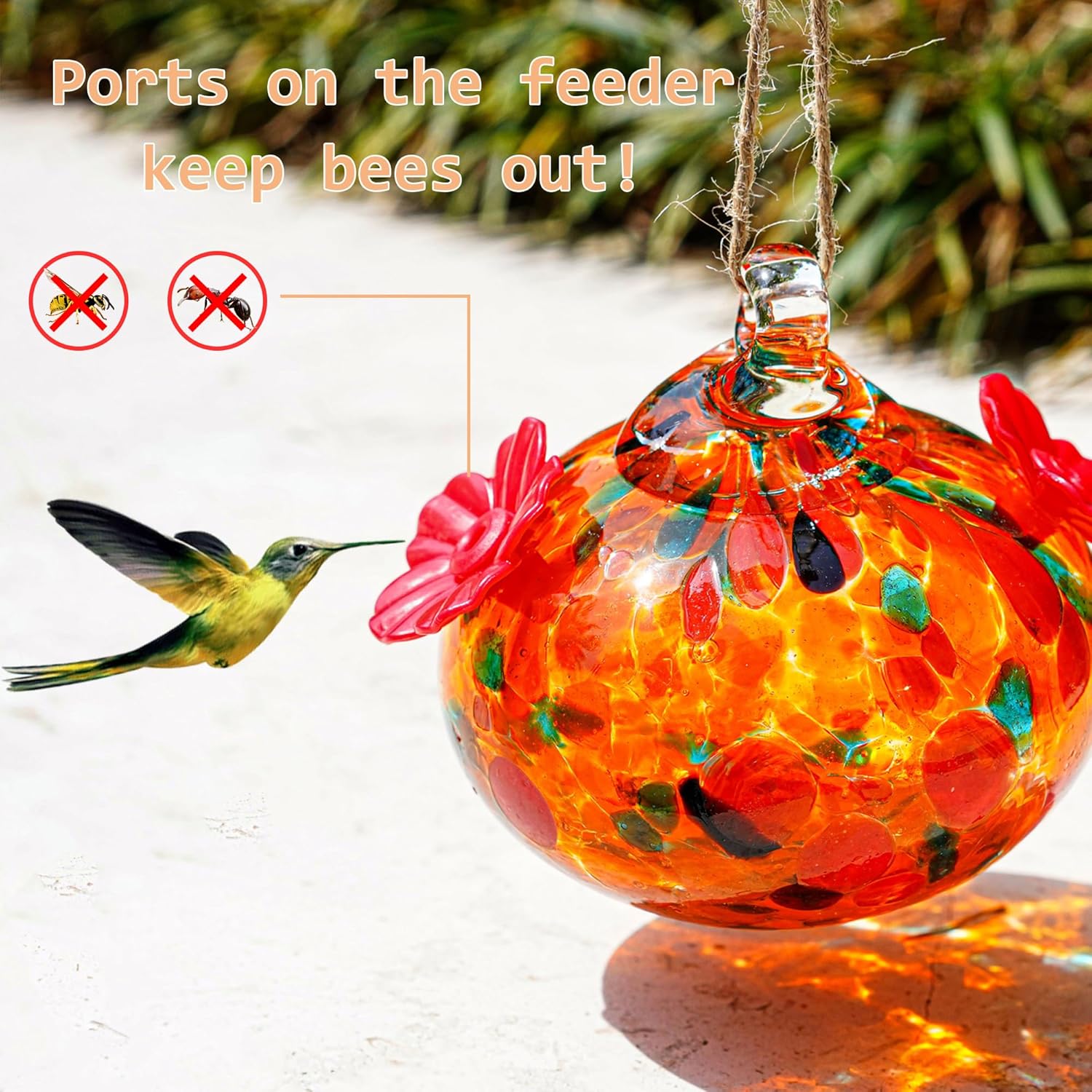 Small Colorful Hummingbird Feeder Glass for Outdoors Window Hanging Blown Glass Hummingbirds Feeders for Outside with 2 Feeding Ports Ant and Bee Resistant Humming Birds Feeder Gifts for Women