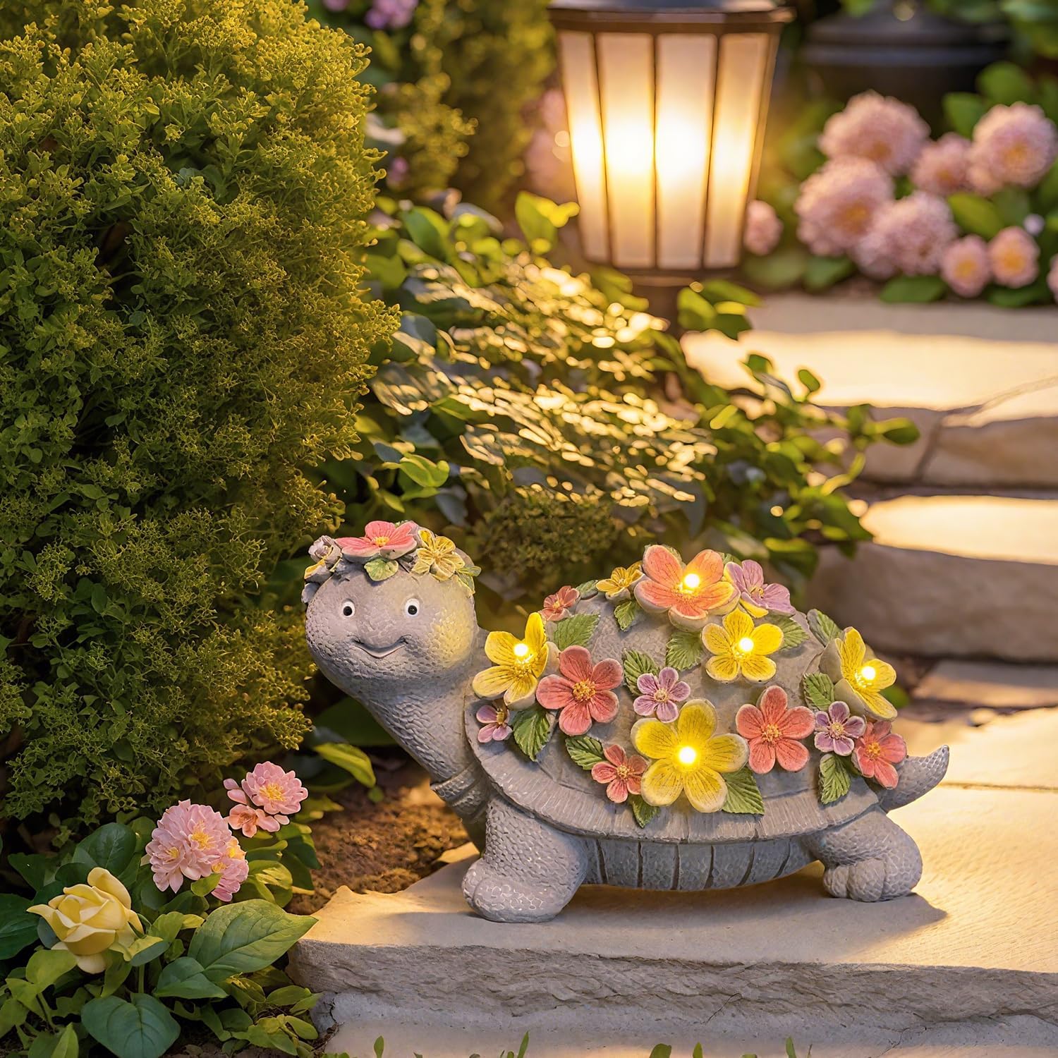 Solar Turtle Statues Garden Decor - Cute Turtle Figurine with Flowers Solar Lights, Tortoise Statue for Outdoor Yard, Lawn, Patio Decoration - Birthday Gifts for Mom Grandma Women