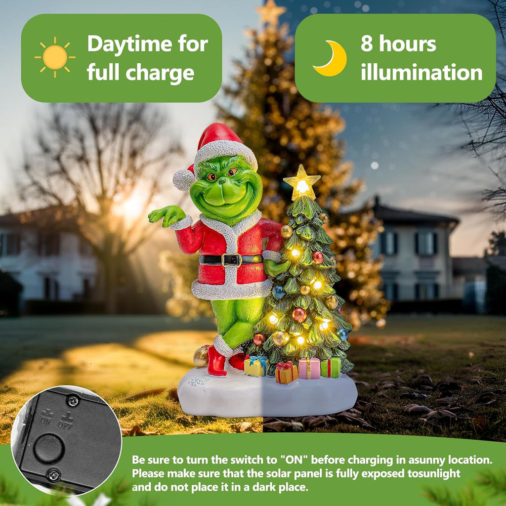 Solar Garden Outdoor Statues Green Monster with Christmas Tree and 6 LED Lights-Christmas Lawn Deco Statue for Patio, Balcony, Yard Ornament - Unique Christmas Housewarming Gifts