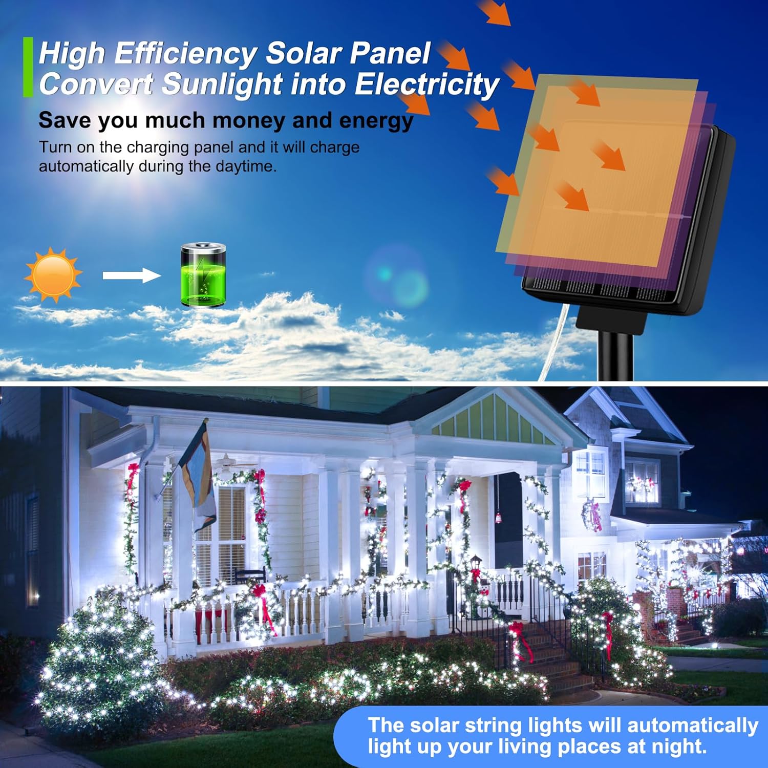 Brightever Outdoor String Lights Solar Powered, 2-Pack Total 80FT 200LED Solar Fairy Lights for Outside Waterproof with 8 Lighting Modes, Solar Twinkle Lights Outdoor for Garden (Daylight White)