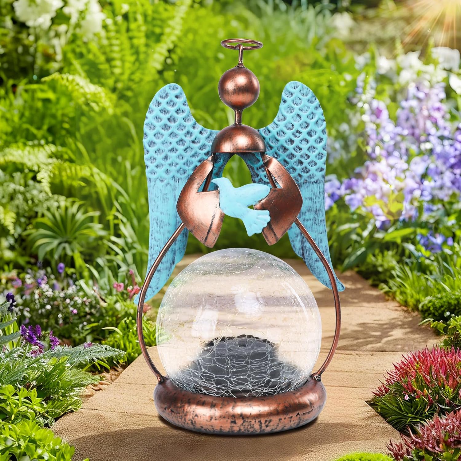 MUMTOP Angel Solar Lights Outdoor Garden - Solar Lanterns Light Decorative Waterproof with Glass Cracked Globe Tabletop Lantern Lamp Ornaments for Yard Patio Decor Gift (Hold Dove)