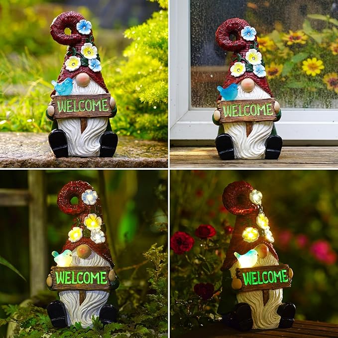 Goodeco Sitting Gnome with Welcome Sign - Garden Gnomes Outdoor with Solar Bird & LED Lights, Ideal Gifts for Mom or Women, Housewarming Gnome Decorations