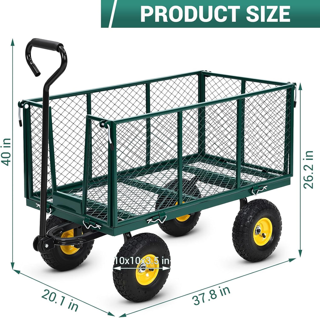 1100 Lbs Steel Garden Cart. Heavy Duty Metal Garden Wagon with 10" Wheels, Pullable Metal Garden Wagon with 180° Rotating Handle and Removable Sides for Farm, Yard
