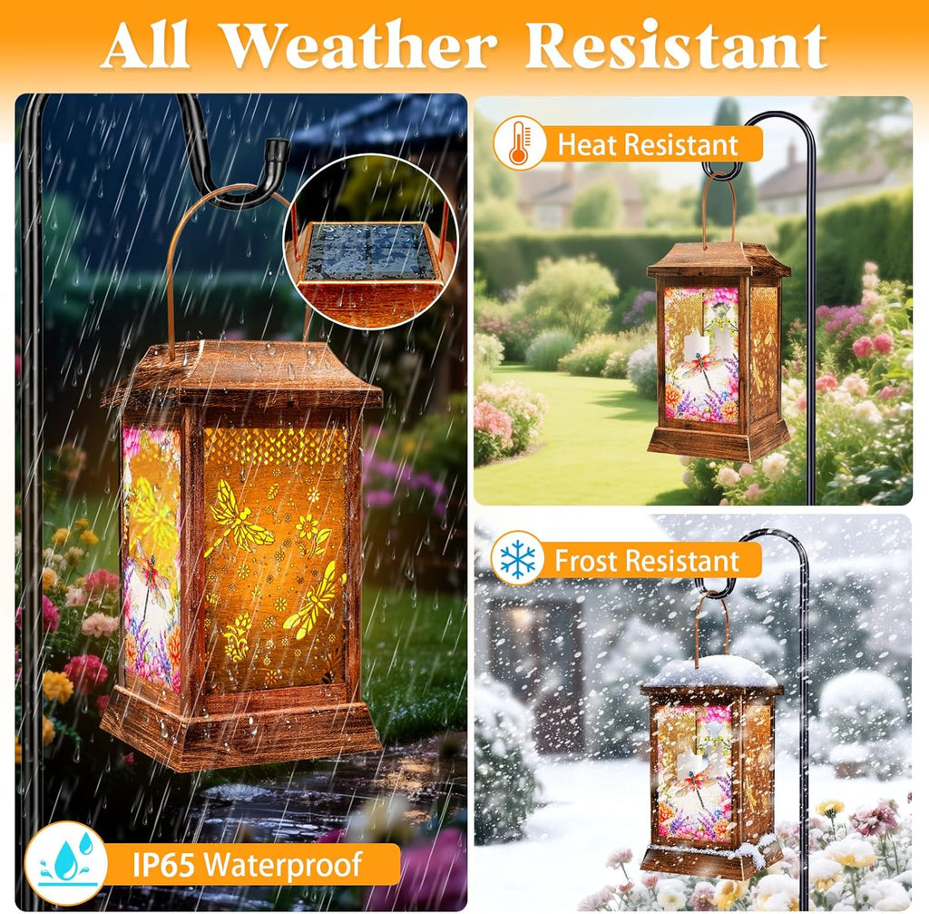 Dragonfly Solar Lanterns Outdoor Waterproof, Metal & Glass Hanging Lights Garden Decor, Birthday Gifts for Women Mom Grandma Mothers Day, Decorative Lights for Outside Yard Patio Backyard Porch