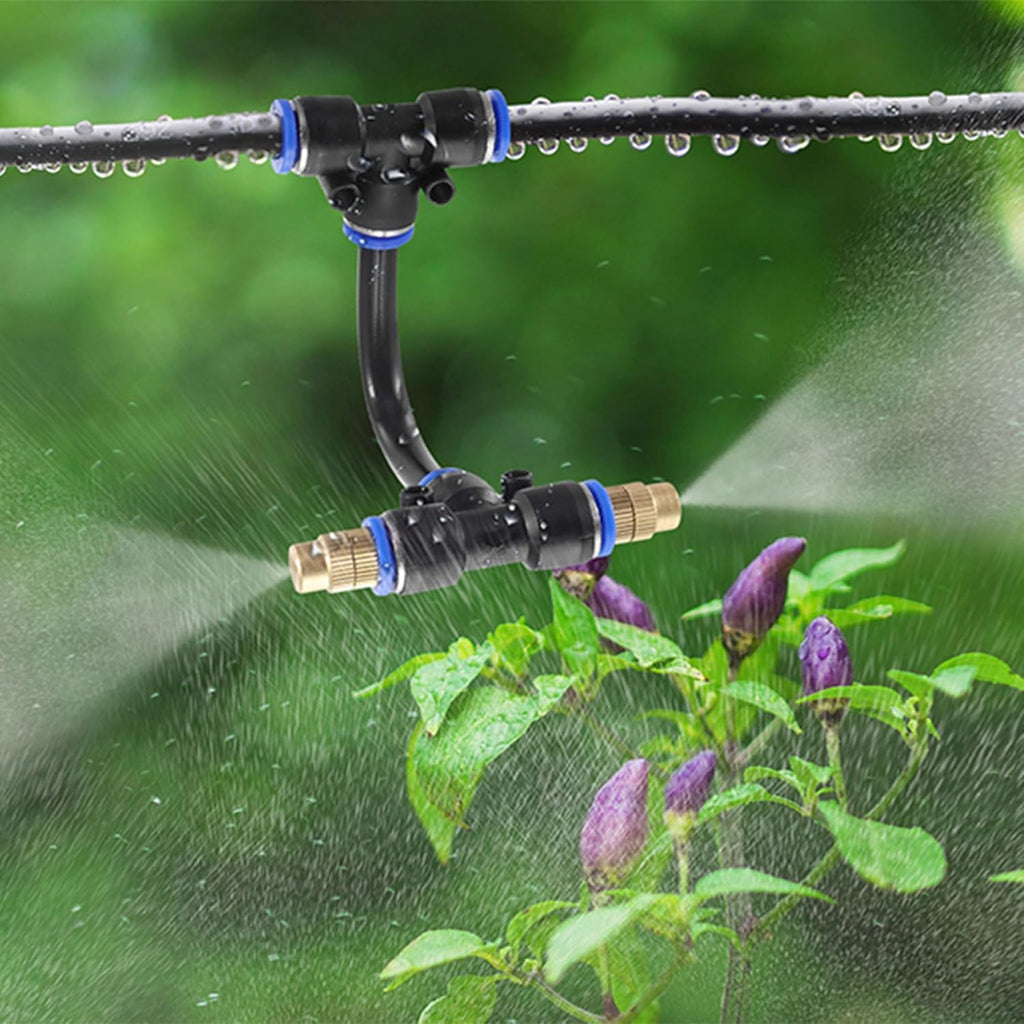 Mornajina 3Packs 2 Way Brass Misting Nozzles Tee with 12inch Built in Hose for Outdoor Cooling System, Adjustable 360° Rotation, Water Mister Nozzles Thread Sprayer 0.043" (1.1 mm)