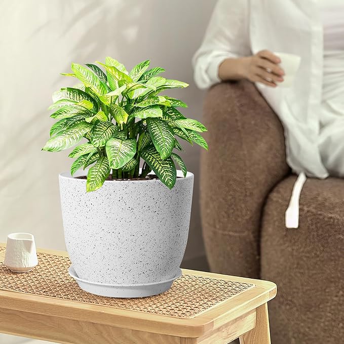 10/9/8 inch Medium Plant Pots, Set of 3 Modern Decorative Plastic Planters with Drainage Holes and Saucers for Garden House Plants, Flower Pots for Indoor Outdoor Plants, Speckled White
