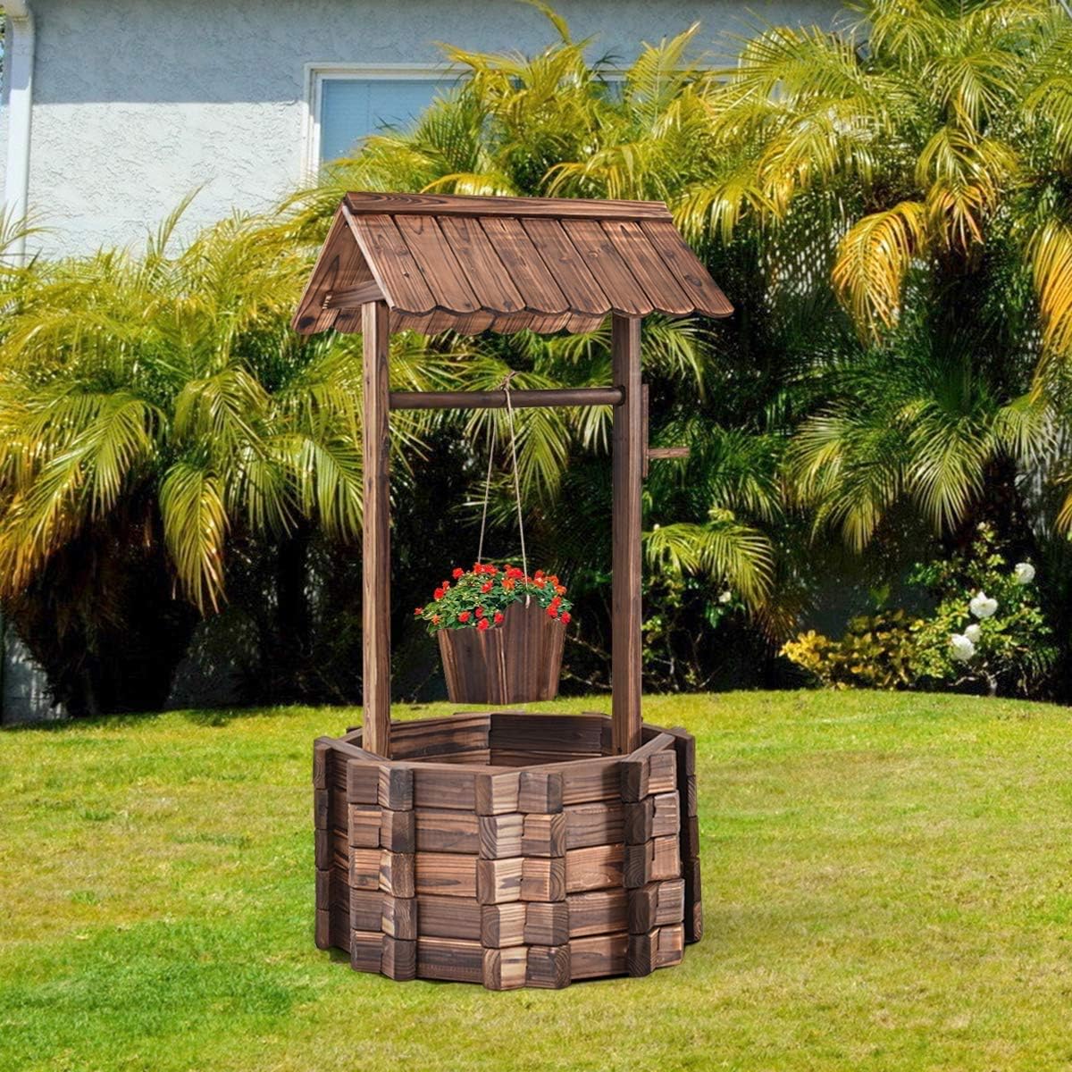 ReunionG Outdoor Wooden Wishing Well Garden Planter with Hanging Flower Bucket for Patio Garden Home Decor