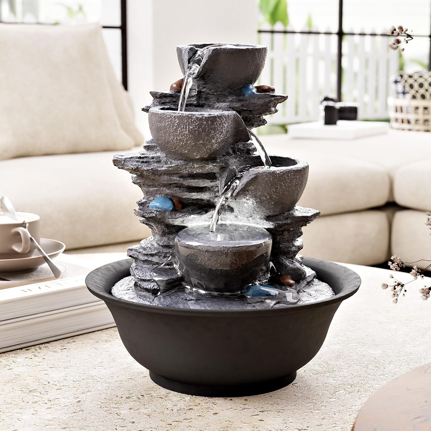10.6inch Tabletop Fountain, Indoor Waterfall Fountains with LED Light, Realistic Rock Design for Soothing Ambiance in Bedrooms, Living Rooms, Offices, or Meditation Spaces