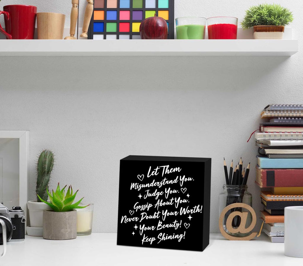 Let Them Wooden Sign, Black Office Decorations for Work, Let Them Mental Health Rustic Wood Box Signs 5x5 Inch, Desk Shelf Tabletop Decor for Home Cubicle Decor, Office Gifts for Coworkers Women, 17
