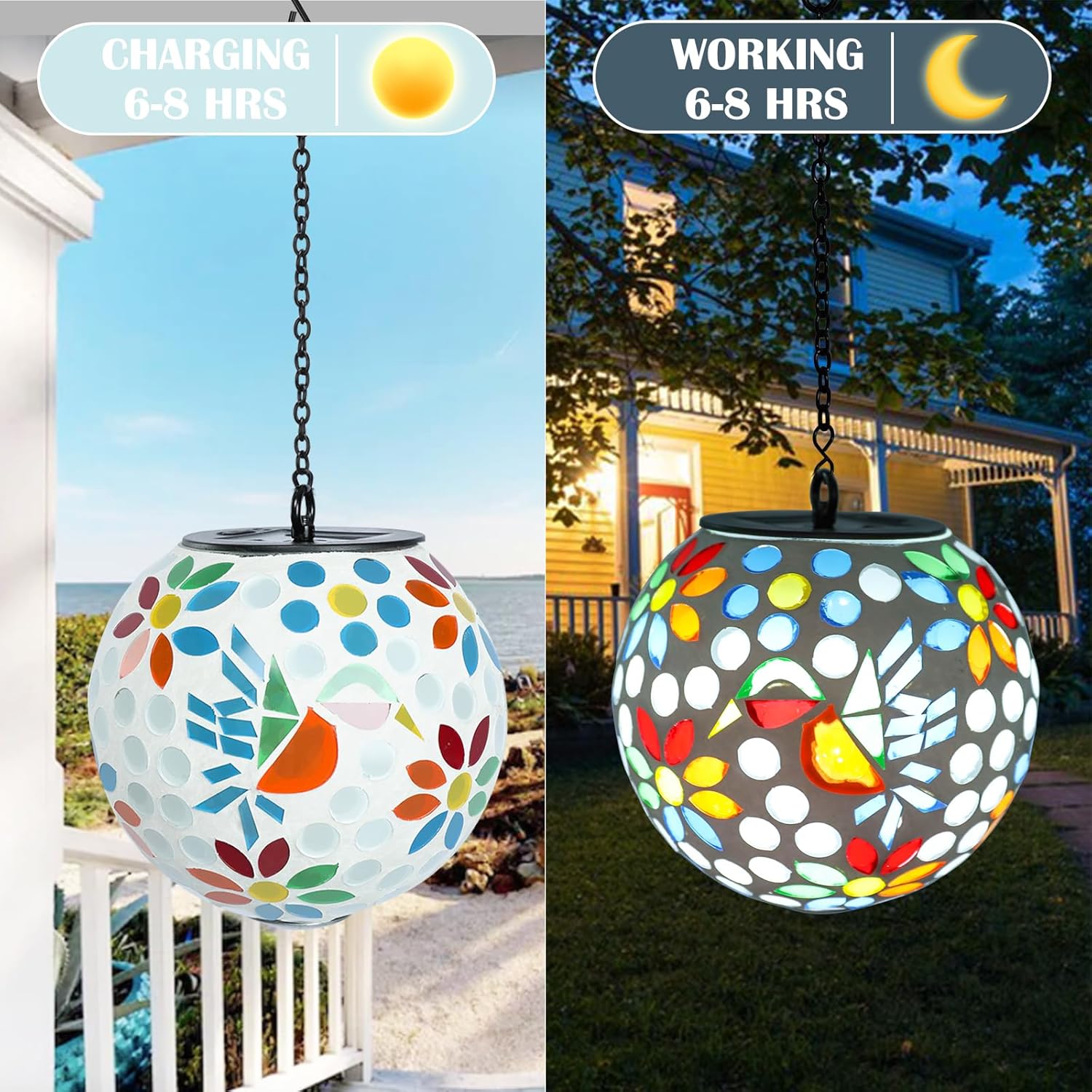 Solar Lanterns Outdoor Hanging Solar Mosaic Hummingbird Lantern Outdoor Waterproof Lanterns Decorative Garden Patio Yard Party Decor Multi