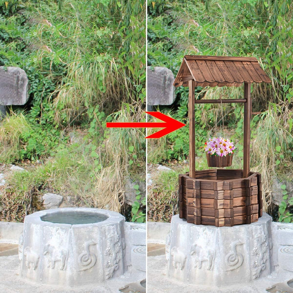 S AFSTAR Outdoor Wishing Well Planter, Wooden Rustic Flower Planter w/Hanging Bucket, Outside Decorations for Yard Garden Patio