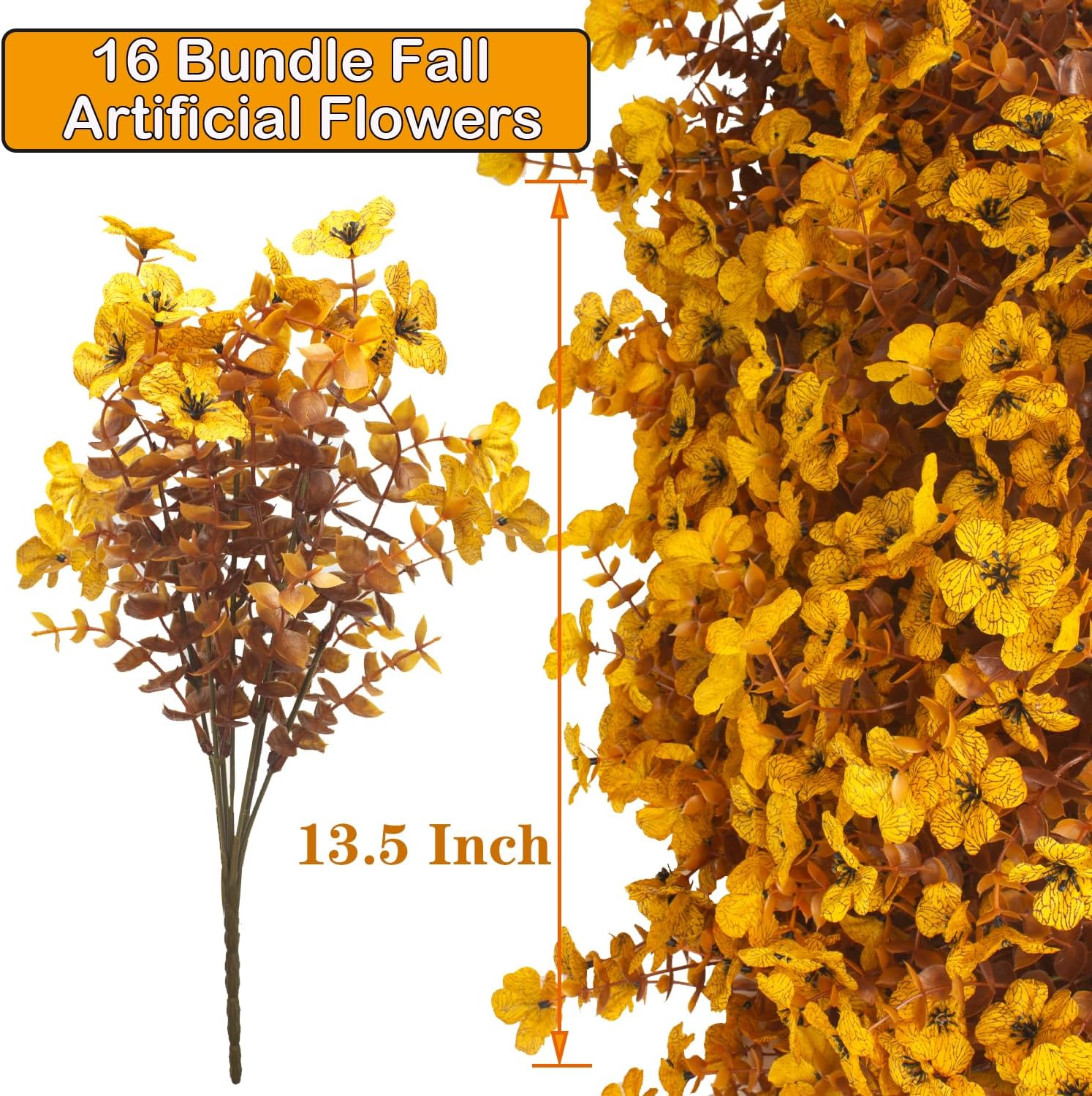 16 Bundles Artificial Fall Mums Outdoor UV Resistant, Fake Silk Plants No Fade Faux Greenery for Garden Porch Patio - Autumn Thanksgiving Christmas Home Decor (Fall Yellow)