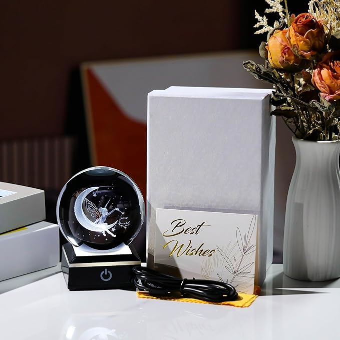 Qianwei Moon Fairy 3D Crystal Ball Laser Engraved Fairy Glass Ball Fairy Night Light Decorative Globes 3D Crystal Moon Sphere Fairy Gifts for Girl Her Fairy Lover