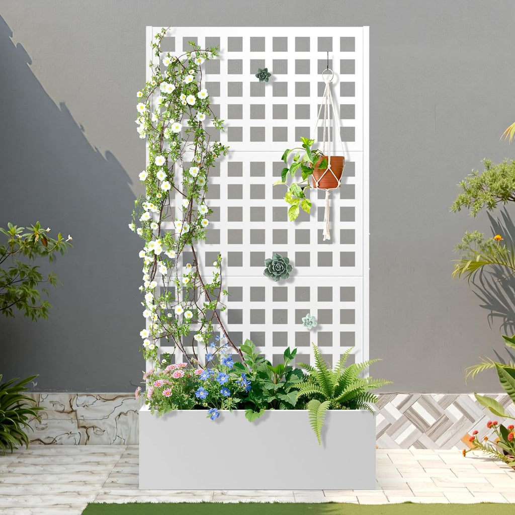 FENCY Metal Raised Garden Bed with Trellis, Planter Box with Trellis, Garden Box for Climbing Plants Vegetable, 35''Lx16''Wx71''H Metal Garden Bed with Drainage Holes(White)