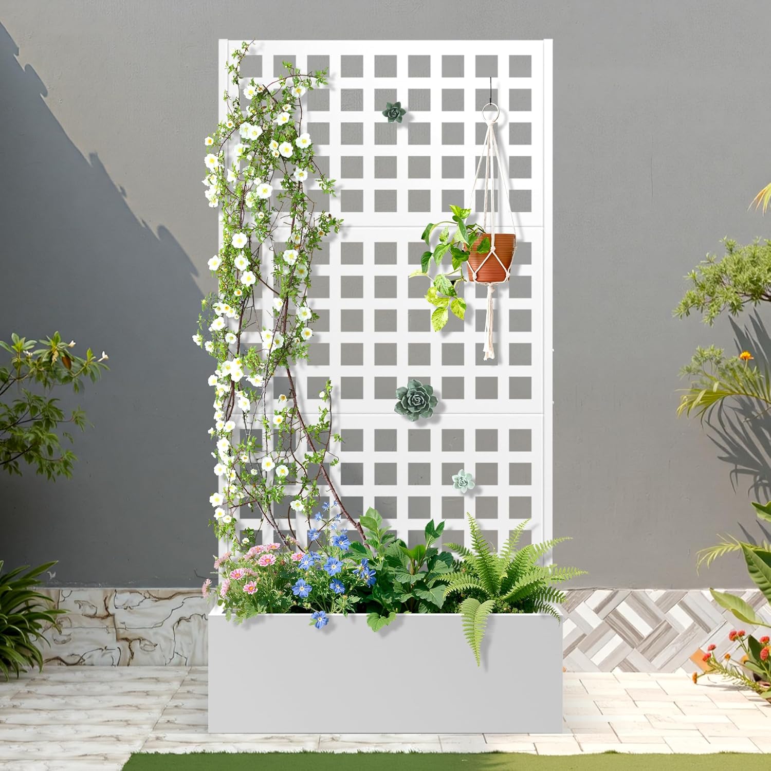 FENCY Metal Raised Garden Bed with Trellis, Planter Box with Trellis, Garden Box for Climbing Plants Vegetable, 35''Lx16''Wx71''H Metal Garden Bed with Drainage Holes(White)