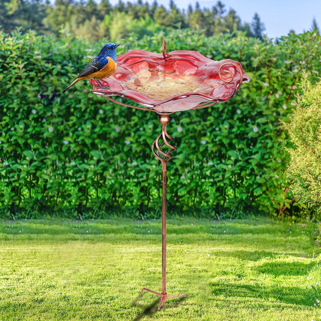 VCUTEKA Bird Bath, Glass Bird Baths for Outdoors Birdfeeder with Metal Stake Birdbath Garden Decor, Red
