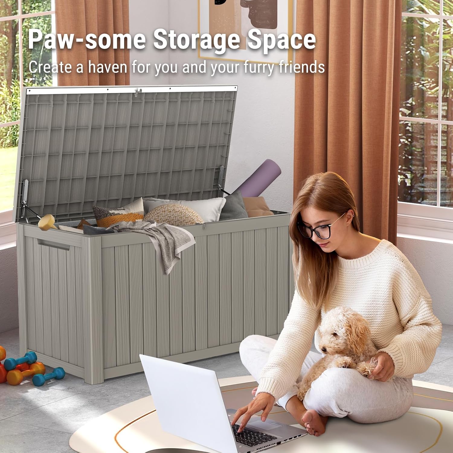 Mars Villa 180 Gallon Outdoor Storage Box Waterproof, Extra Large Resin Deck Box, Outside Storage Bin for Patio Furniture Cushion, Pool Supply, Sports Gear, UV Resistant and Weatherproof, Greige