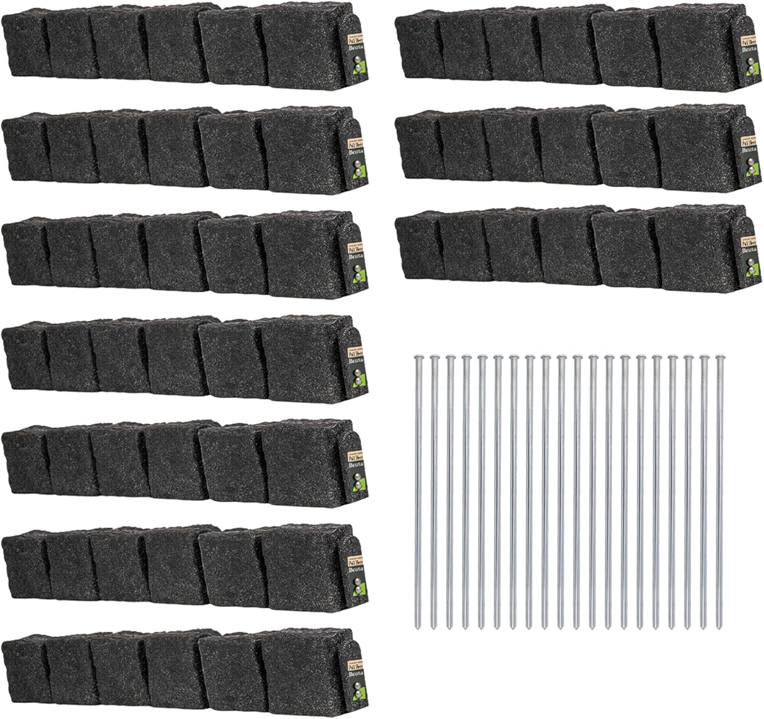 Beuta Landscape Edging | Garden Edging Border | Faux Stone Blocks for Lawn Edging, Flower Beds & Yard Edging – 10 Pack | Each Section Has 6 Blocks 48" L x 4" W x 6.5" H | 20 Spikes | Charcoal