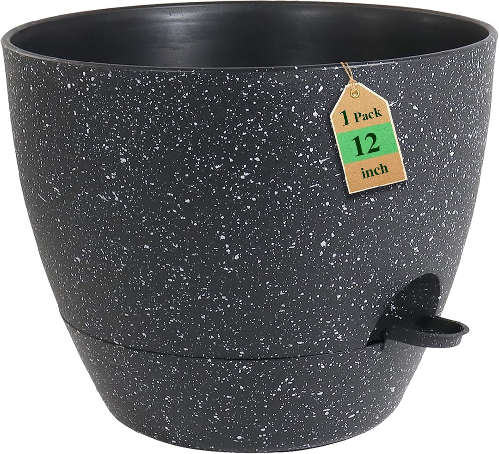 12 inch Large Self Watering Pots, Planter, Plant Pots with Mesh Drainage Holes for Indoor Outdoor House Plants and Garden, Plastic Flower Pots with Deep Reservoir, Speckled Black