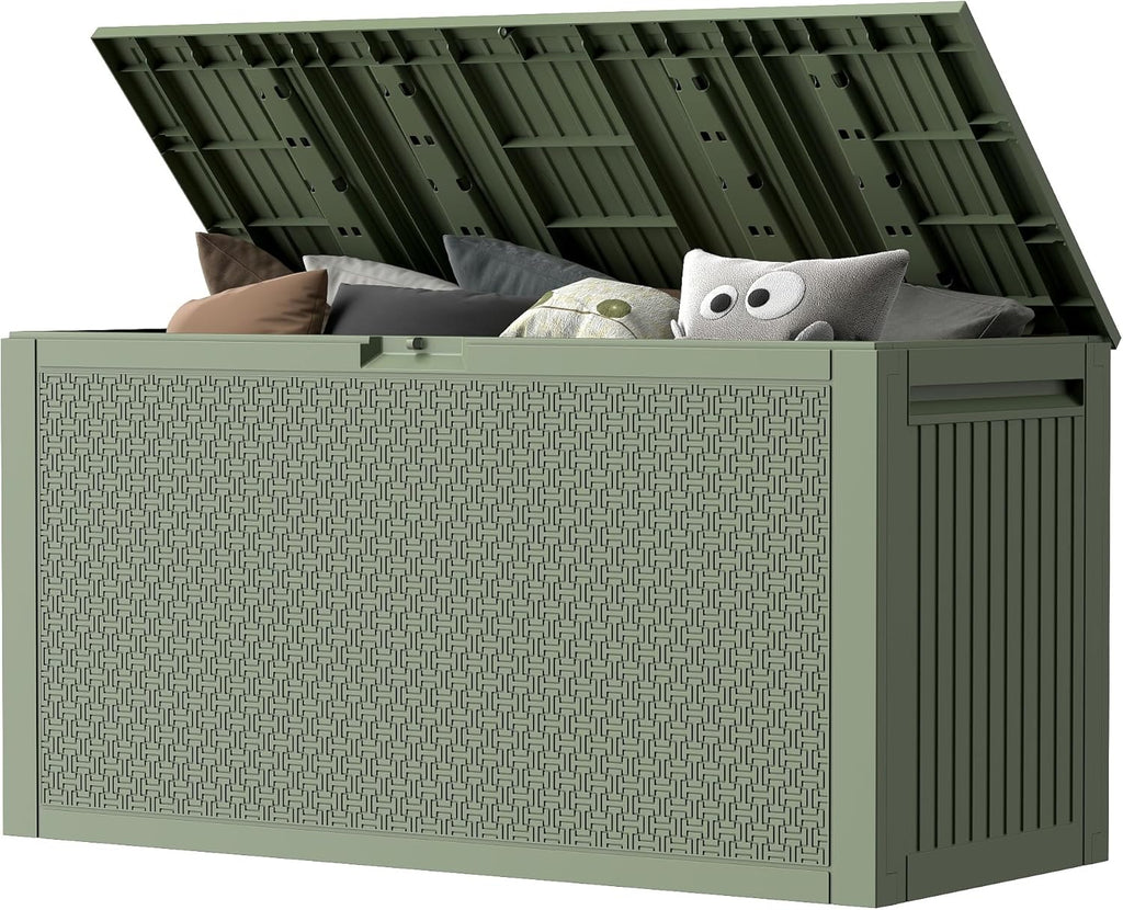 90 Gallon Outdoor Storage Box, Lockable Outside Storage Box Waterproof, Patio Cushions Deck Storage Boxes, Rattan Plastic Garden Hose Containers Resin Pool Storage Bins with lids, Sage Green