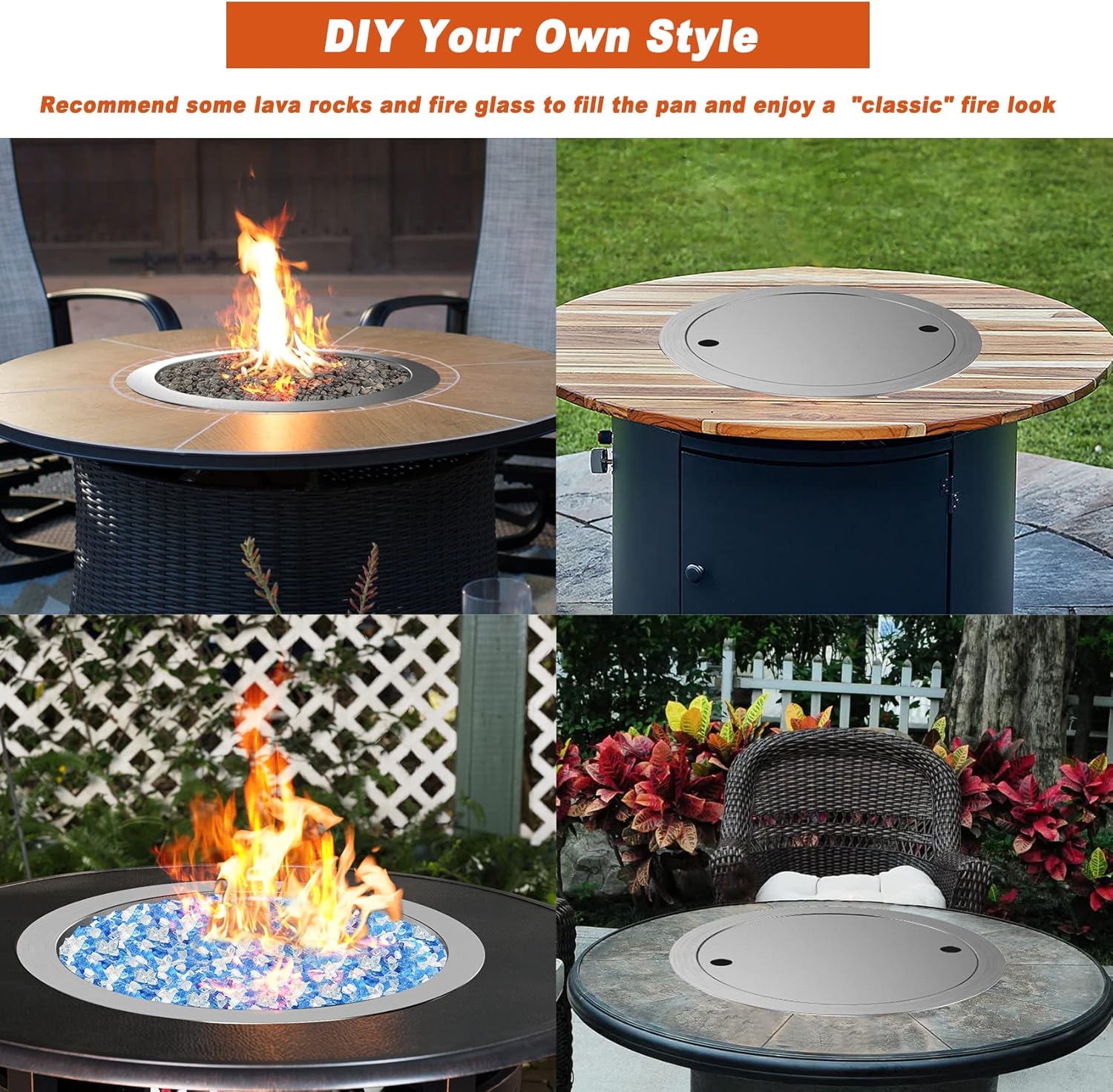 Skyflame 19 Inch Round Stainless Steel Drop in Fire Pit Pan Fire Bowl with Burner Ring and Protective Cover