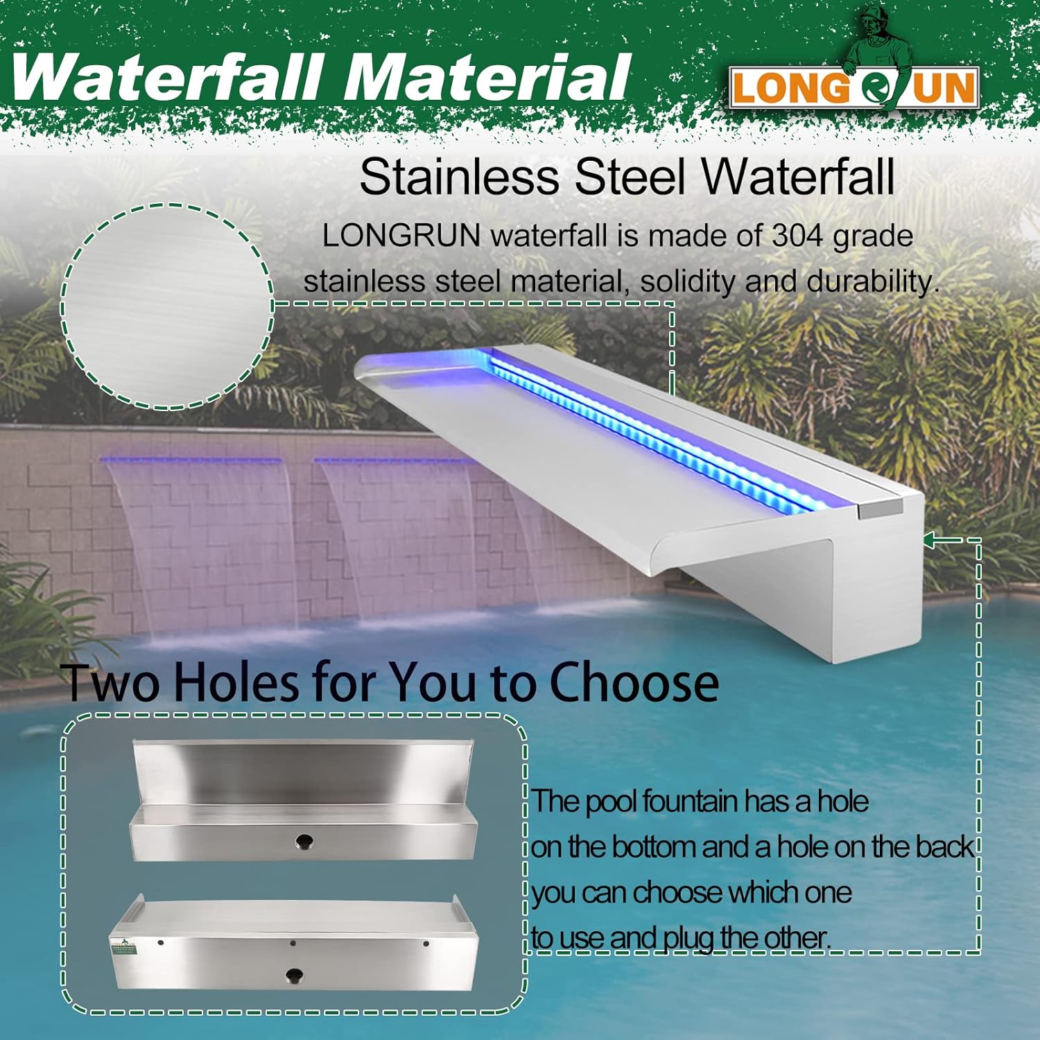 LONGRUN Pool Fountain Stainless Steel Outdoor Pond Spillway Waterfall with Wider Water Flow Platform Multi-Color LED Light Spray Indoor Waterfall Fountains for Garden-23.6" x 8" x 3.94"(W x D x H)