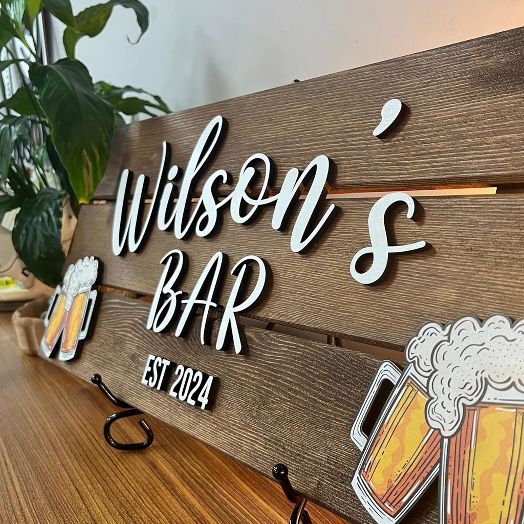 Personalized Wooden Bar Sign with Family Name, Coffee Bar Signs for Kitchen Decor, Business Sign with Established Date, Rustic Wooden Wall Decor, Custom Bar Name Plaque, Gift for Bar Owners