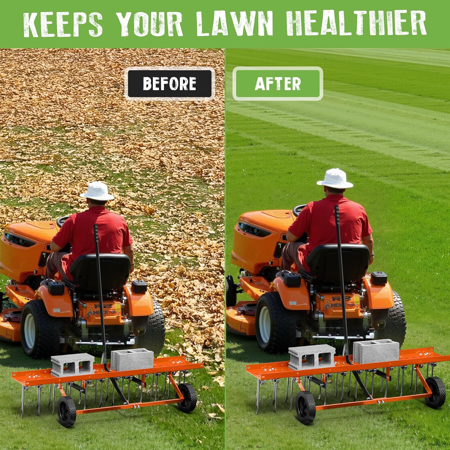 40" Tow-Behind Dethatcher with 20 Spring Steel Tines, Pull Behind Lawn Tractor Mower Grass Rake for Yard, Garden, and Farm Care – Removes Thatch, Leaves, and Pine Needles-Orange